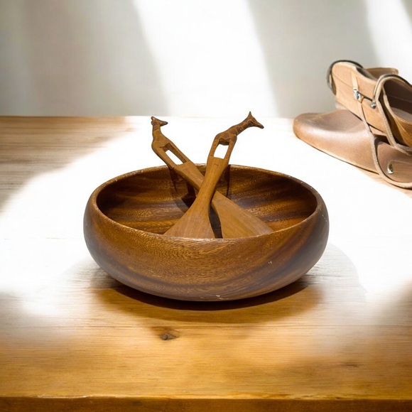 Vintage MCM Monkey pod 10” Wooden Salad Bowl & Tossers - Picture 1 of 9